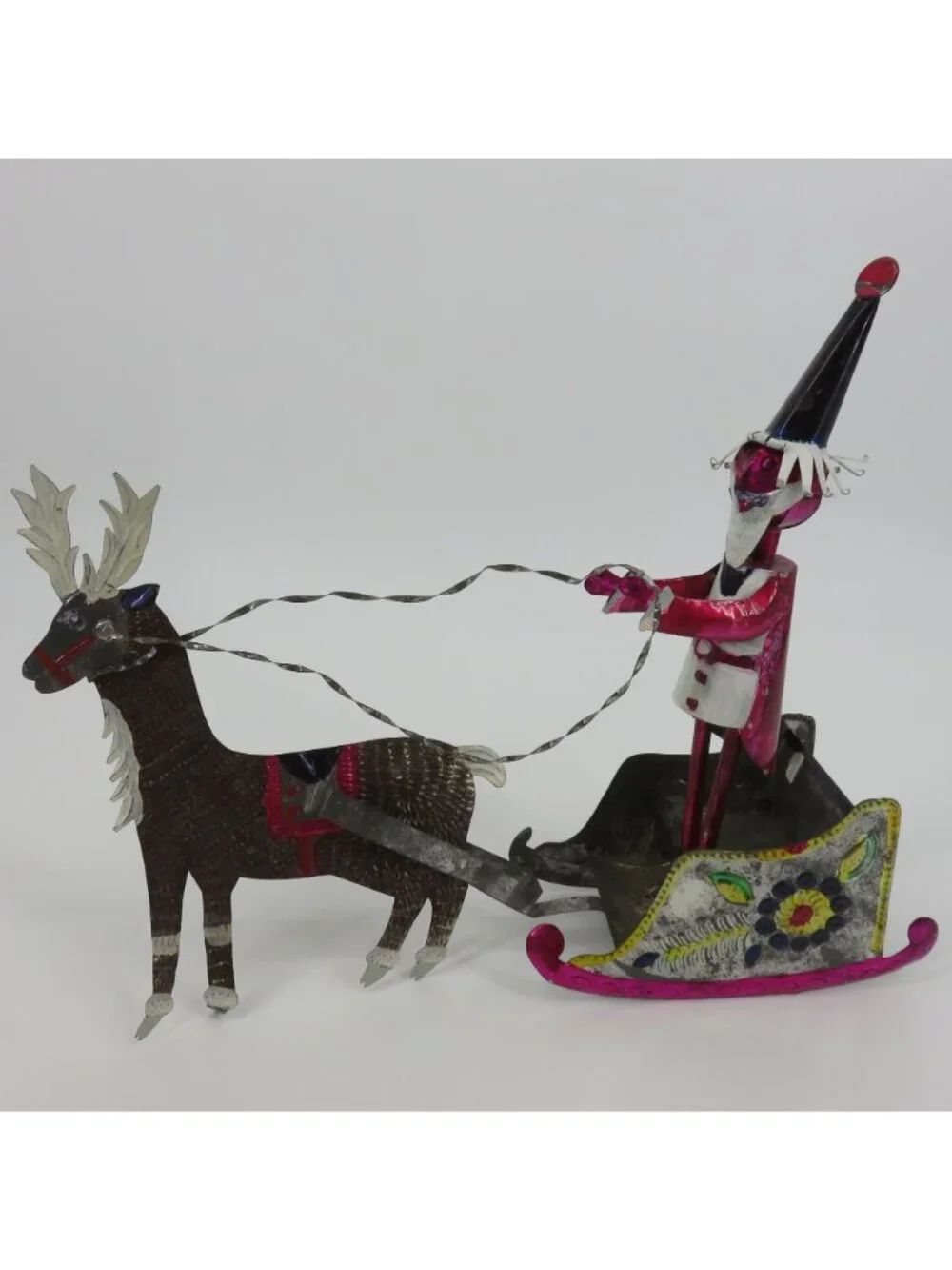 VTG Folk Art Santa Sleigh Reindeer Punched Punch Tin Christmas Holiday Mexico